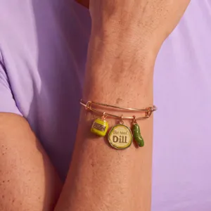 Gold-tone expandable bangle bracelet featuring cute novelty pickle and relish jar enamel charms.