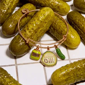 Rose gold pickle themed charm bracelet with fun enamel charms for daily wear and quirky style.
