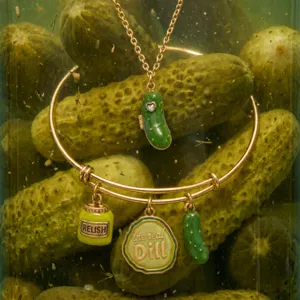 Quirky pickle charm bracelet necklace set, gold tone metal with green enamel food jewelry.