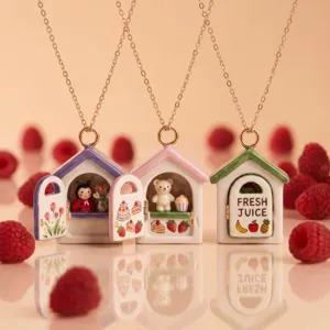Openable Small House Animal Necklace Cute Cartoon Juice Bakery Flower Shop Micro Landscape Enamel Copper Pendant Necklace Jewelry