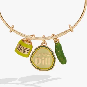 Gold-tone expandable bangle bracelet featuring quirky enamel pickle and relish jar charms.