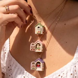 Dainty layered mini house pendant necklace with cute cartoon animal and fruit details for women.