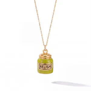 Gold chain necklace with green jar pendant, funny food style fashion jewelry for daily wear.