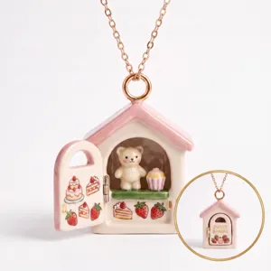 Cute ceramic bakery house necklace with opening door, miniature bear and cake pendant details.