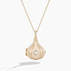 Gold garlic locket necklace with heart mother of pearl pendant, delicate botanical jewelry.