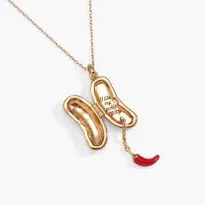 Gold-plated quirky food locket necklace with red chili charm and inner engraved funny quote text.