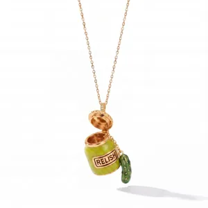 Detailed shot of gold chain necklace featuring an openable relish jar and pickle charm.