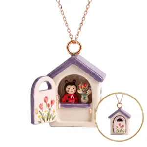 Cute openable house necklace with ladybug and flowers, ceramic pendant with rose gold chain.