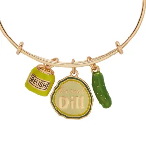 Gold adjustable wire bangle bracelet featuring funny pickle and relish jar charms, novelty food jewelry.