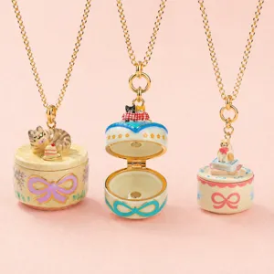 Rococo Vintage Copper Electroplated Enamel Cat Locket Pendant Necklace Bowknot Book Cake Shape Opening Charm Necklace For Unisex Dating