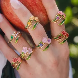 Monthly Flower Birth Ring Copper Enamel Floral Adjustable Open Ring Rhinestone Artificial Pearl Forest Retro Jewelry Ring For Women