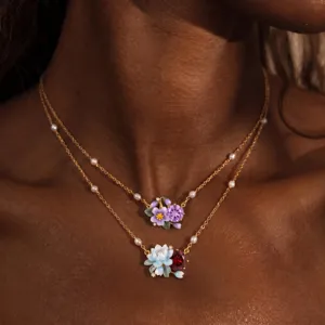 Vintage Enamel Birth Flower Necklace For Women Copper Gold Plated Double Layer Chain Necklace With Rhinestones And Artificial Pearls Jewelry Gift