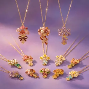Set de collar con colgante de ramo de flores de esmalte exquisito, joyas chapadas en oro elegantes.