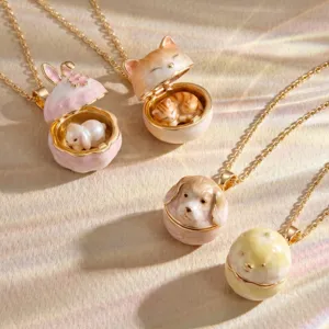 Cute animal locket pendant necklace, openable design rabbit cat dog chick jewelry gift.