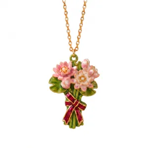 Exquisito collar de ramo de flores de esmalte con colgante de lazo, cadena dorada elegante.