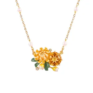 Exquisite floral pendant necklace featuring vibrant enamel flowers, pearls, and sparkling gem.