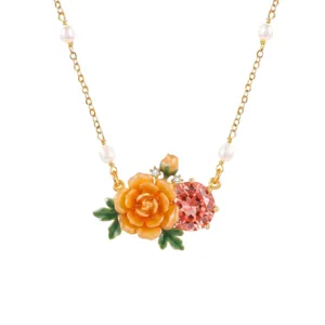 Exquisite botanical floral pendant necklace with pearls and pink crystal for women.