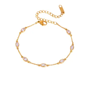 18K Verguld Roestvrij Staal Markies Zirkonia Station Keten Armband voor Vrouwen