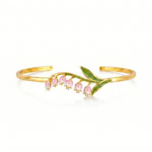 Exquisite stainless steel lily of the valley open cuff bracelet with 18k gold plating.