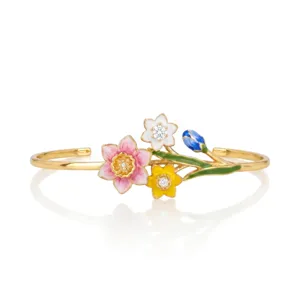 Exquisite gold plated open cuff bracelet featuring vibrant enamel flowers and sparkling crystals.