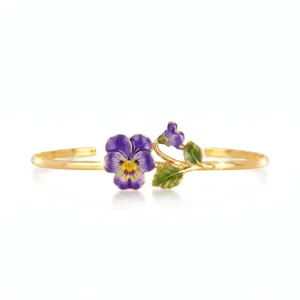 Gold-plated enamel pansy flower open cuff bracelet, elegant floral jewelry for women.