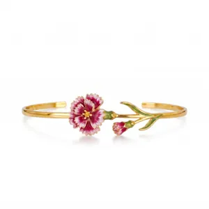 Exquisite 18k gold plated enamel carnation open cuff bracelet, elegant floral jewelry design.