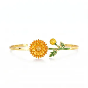 Stainless steel open cuff bracelet featuring an elegant yellow enamel flower and green leaf design.