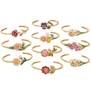 Stainless steel birth month flower enamel open cuff bracelet with 18k gold plating design.