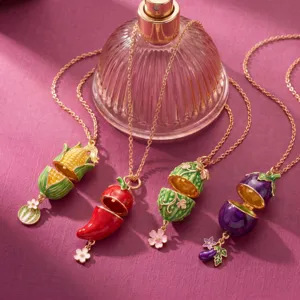 Mode Kupfer Galvanisiert Öffnend Gemüse Anhänger Halskette Vergoldet Kreative Paprika Mais Aubergine Medaillon Kette Schmuck Für Unisex Alltag