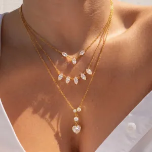 Collar en Y de Acero Inoxidable con Strass para Mujer Colgante de Corazón Gota Ovalado Chapado en Oro 18K Joyería Regalo