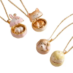 Cute openable animal locket necklace set, featuring rabbit, cat, dog and bear pendants.
