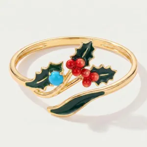Gold plated ring with green enamel leaves and red berries for women, elegant jewelry detail.