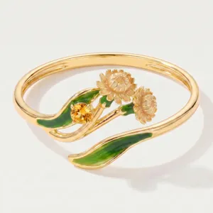 Elegant gold-plated open ring featuring enamel green leaves, pink flowers and yellow gemstone for women.