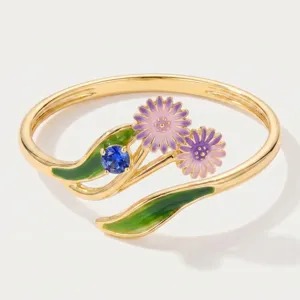 Gold-plated enamel flower open ring with blue stone and green leaves fashion jewelry accessory
