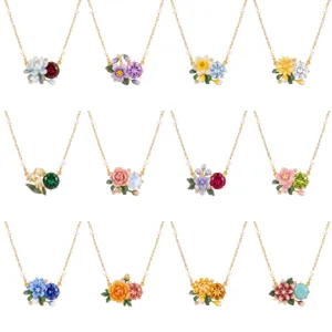 12 Months Birth Flower Necklace Enamel Crystal Pearl Gold Chain Jewelry Gift for Women