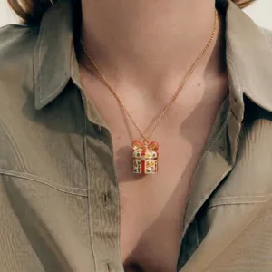 Golden chain necklace with opening gift box pendant, cute enameled toy motifs jewelry.
