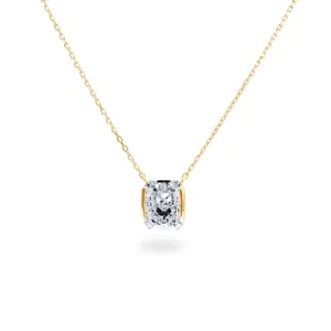 Detailed close-up shot of the elegant radiant cut zircon gold pendant necklace fine chain.