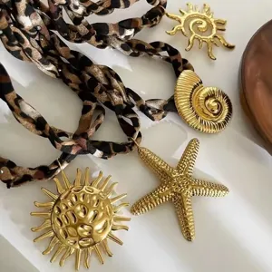 Leopardenmuster Kordel Kette Gold Marine Seestern Muschel Sonne Anhänger Schmuck Stil