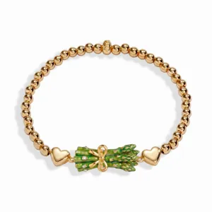 Bracelet de perles extensible doré avec joli pendentif asperge et cœur pour femmes.