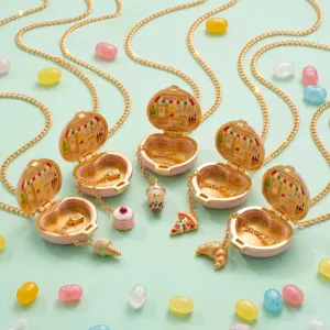 Créatif Cuivre Émail Ouvrable Cœur Médaillon Collier pour Femmes Mignonne Scène de Magasin Miniature Pendentif Nourriture Bijoux de Mode