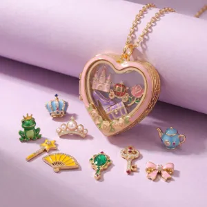 Gouden hartje medaillon ketting met transparante DIY sprookjes bedels sieraden.
