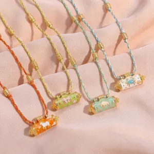 Fashion colorful braided rope necklaces with enamel animal cylinder pendants, electroplated gold jewelry.