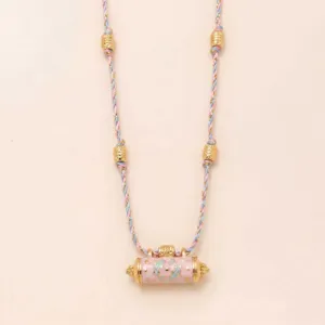 Fashion dolphin braided rope necklace with gold-plated prayer wheel pendant, charming pink enamel jewelry.