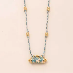 Fashion animal series prayer wheel braided rope necklace with blue enamel and gold beads.