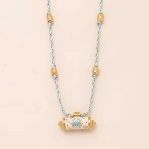 Fashion blue crab pendant necklace with braided cord and gold beads, elegant enamel jewelry gift.