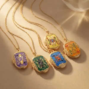Zodiac locket necklace set, oval gold-plated pendant with colorful enamel and card design.