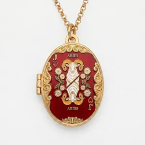 Gold-plated oval aries zodiac locket necklace featuring red enamel and playing card motif