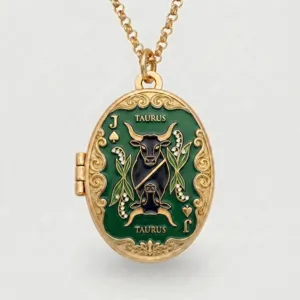 Detailed view of gold-plated oval locket necklace with green enamel Taurus and card design.