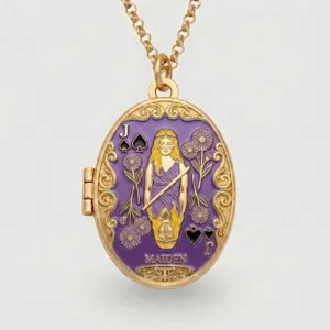 Vintage gold plated oval locket necklace featuring purple enamel poker Jack of Spades motif.