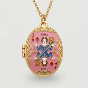 Gold-plated oval locket necklace featuring Libra tarot card enamel design for women.